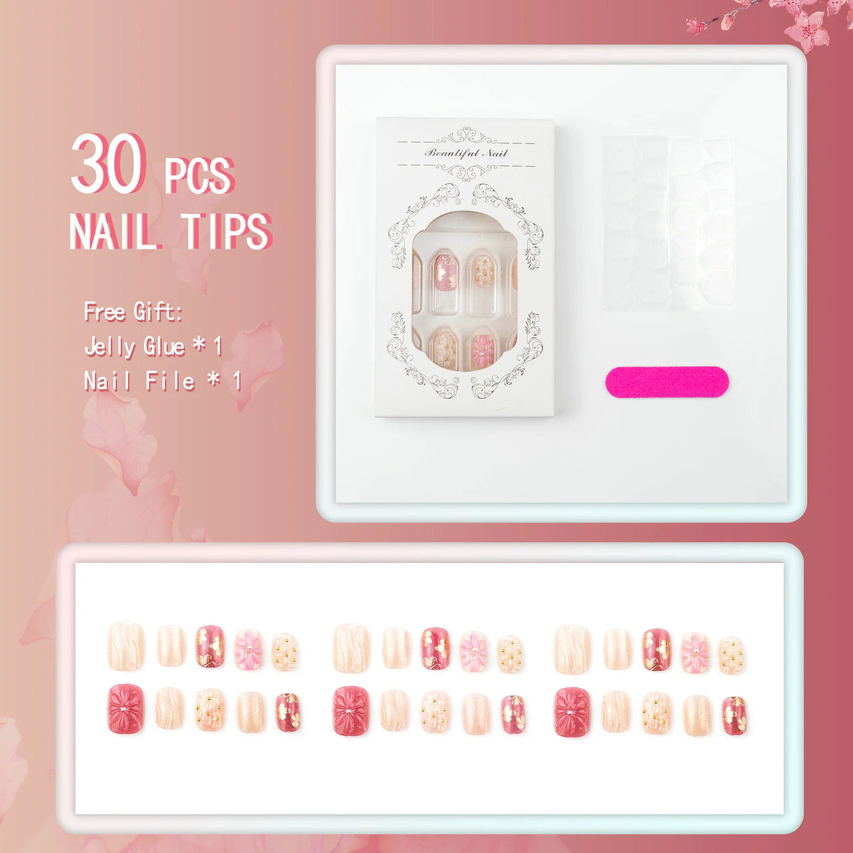 Press-On Nail Set 3D Floral Peel & Stick