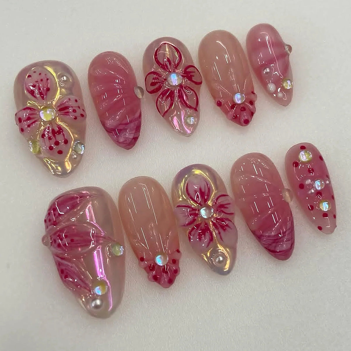 Press-On Nail Set 3D Floral Peel & Stick Long-Lasting