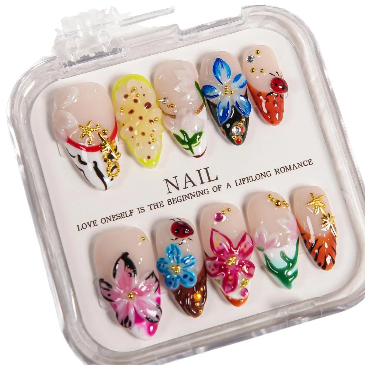 Press-On Nail Set 3D Floral Pre-Glued Long-Lasting