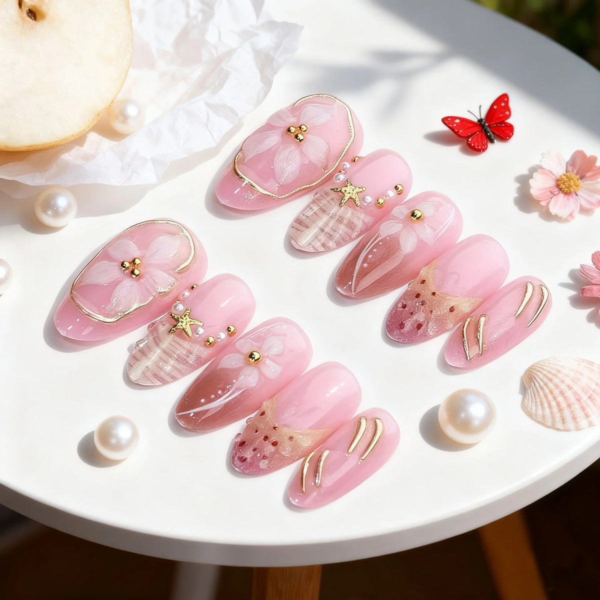 Press-On Nail Set 3D Floral & Reusable