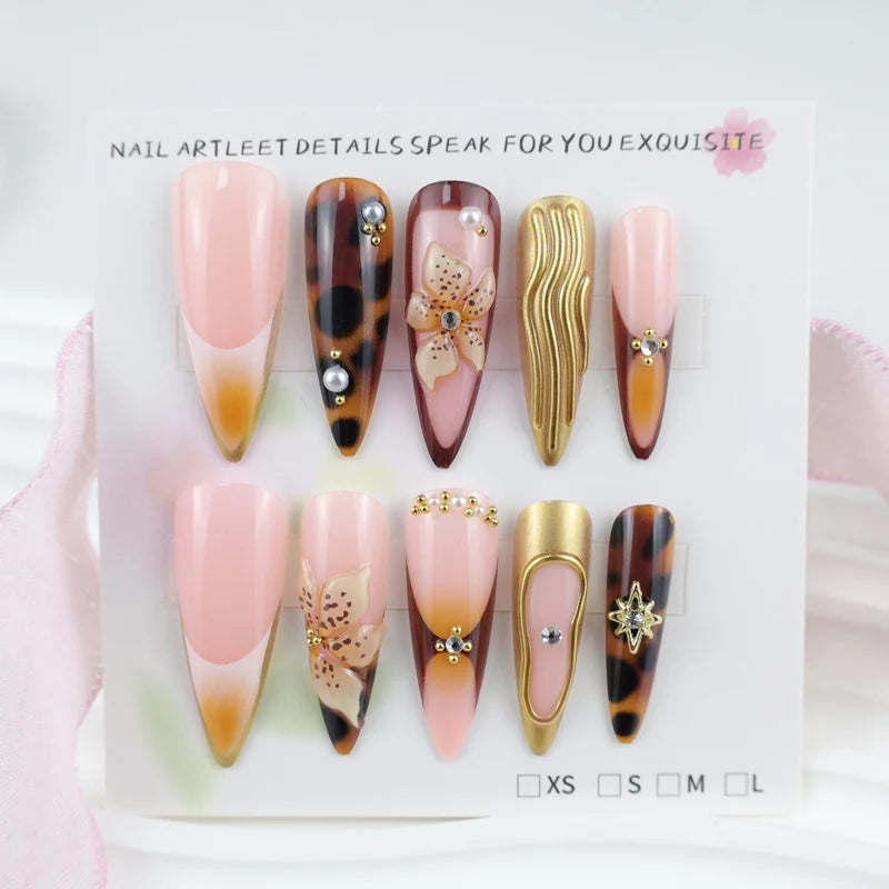 Press-On Nail Set 3D Floral & Sparkle Accents
