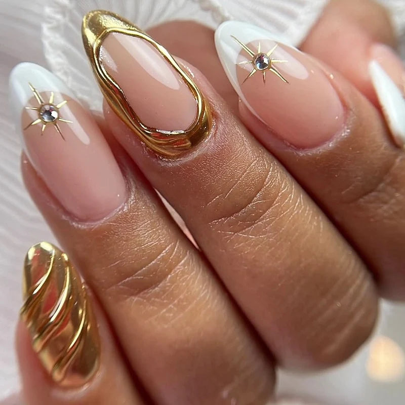 Press-On Nail Set 3D Gold Accents 24 Pieces