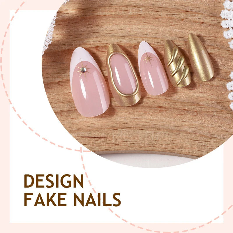 Press-On Nail Set 3D Gold Accents 24 Pieces