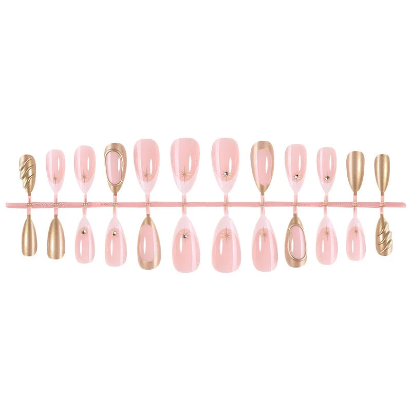 Press-On Nail Set 3D Gold Accents 24 Pieces