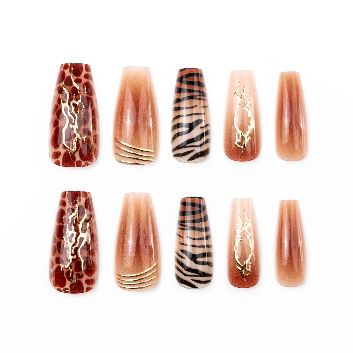Press-On Nail Set Abstract Gold Accents & Leopard Print
