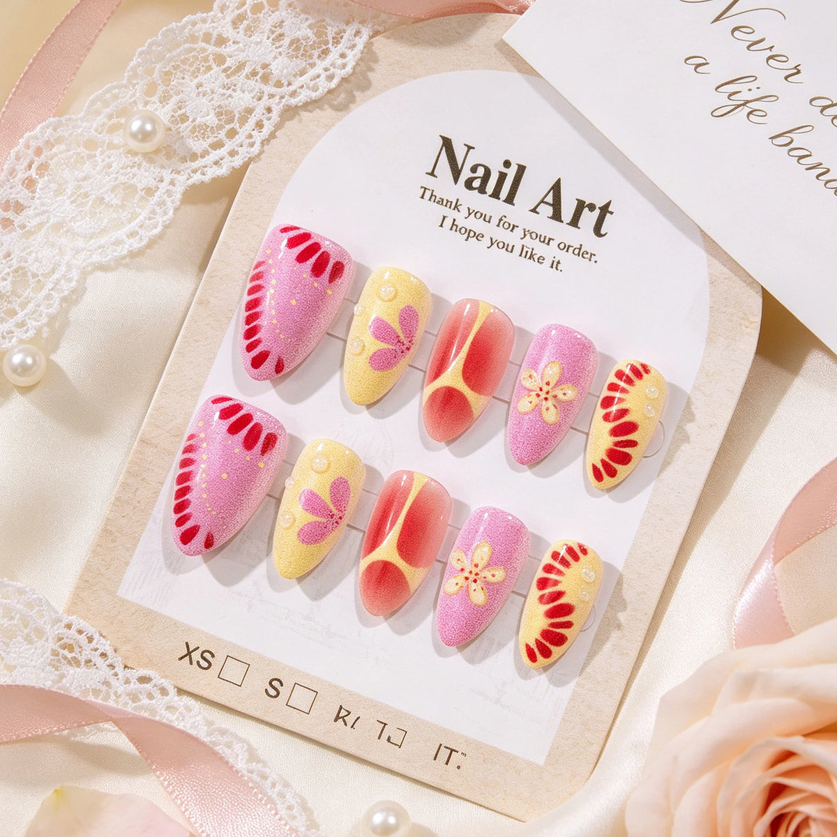 Press-On Nail Set Acrylic Floral Design Long-Lasting Wear