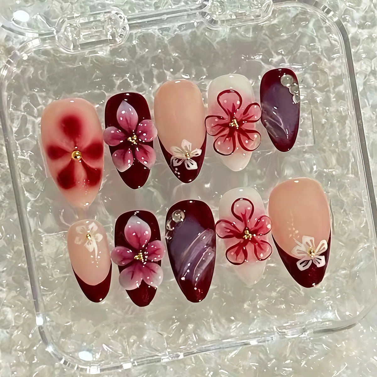 Press-On Nail Set Acrylic Floral Embossed Salon Quality