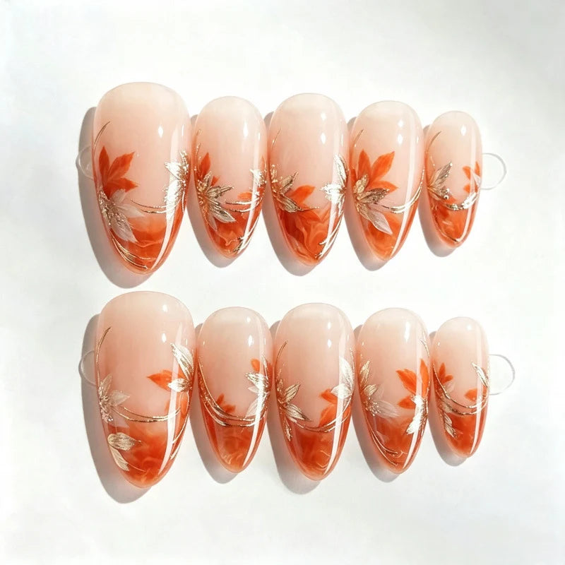 Press-On Nail Set Acrylic Floral & Gold Accents Reusable