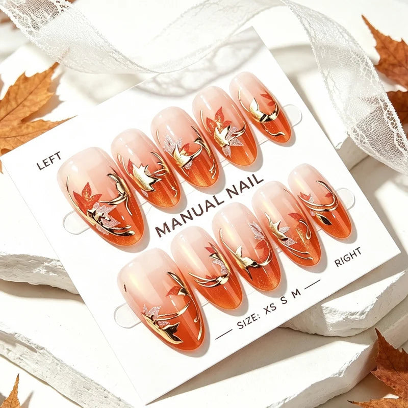 Press-On Nail Set Acrylic Floral & Gold Accents Reusable