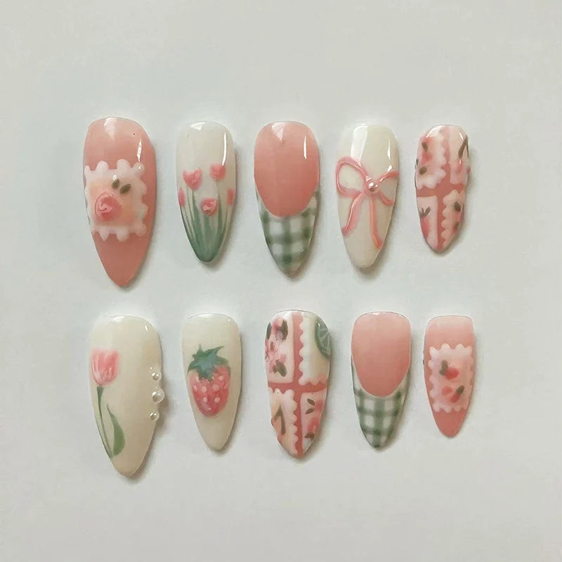 Press-On Nail Set Acrylic Floral Long Lasting
