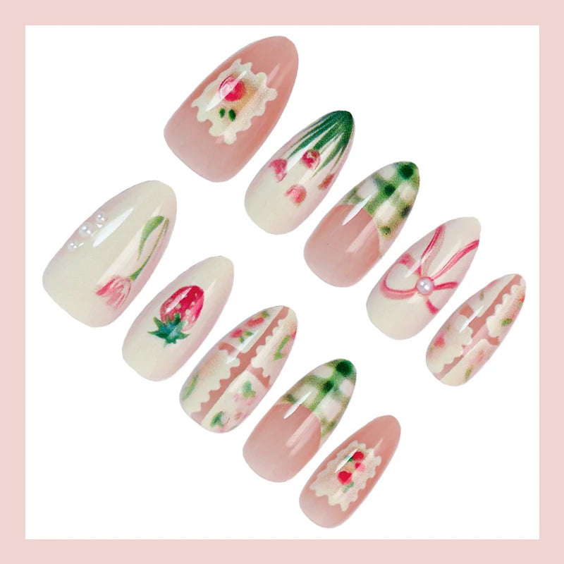 Press-On Nail Set Acrylic Floral Long Lasting
