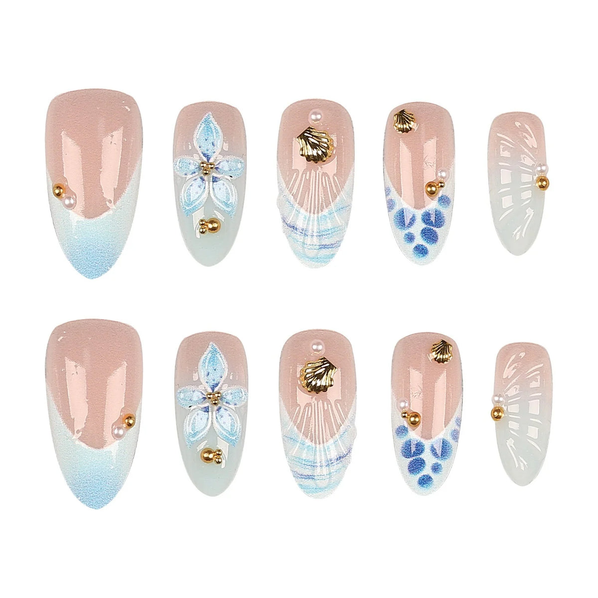 Press-On Nail Set Acrylic Floral & Shell Peel-And-Apply