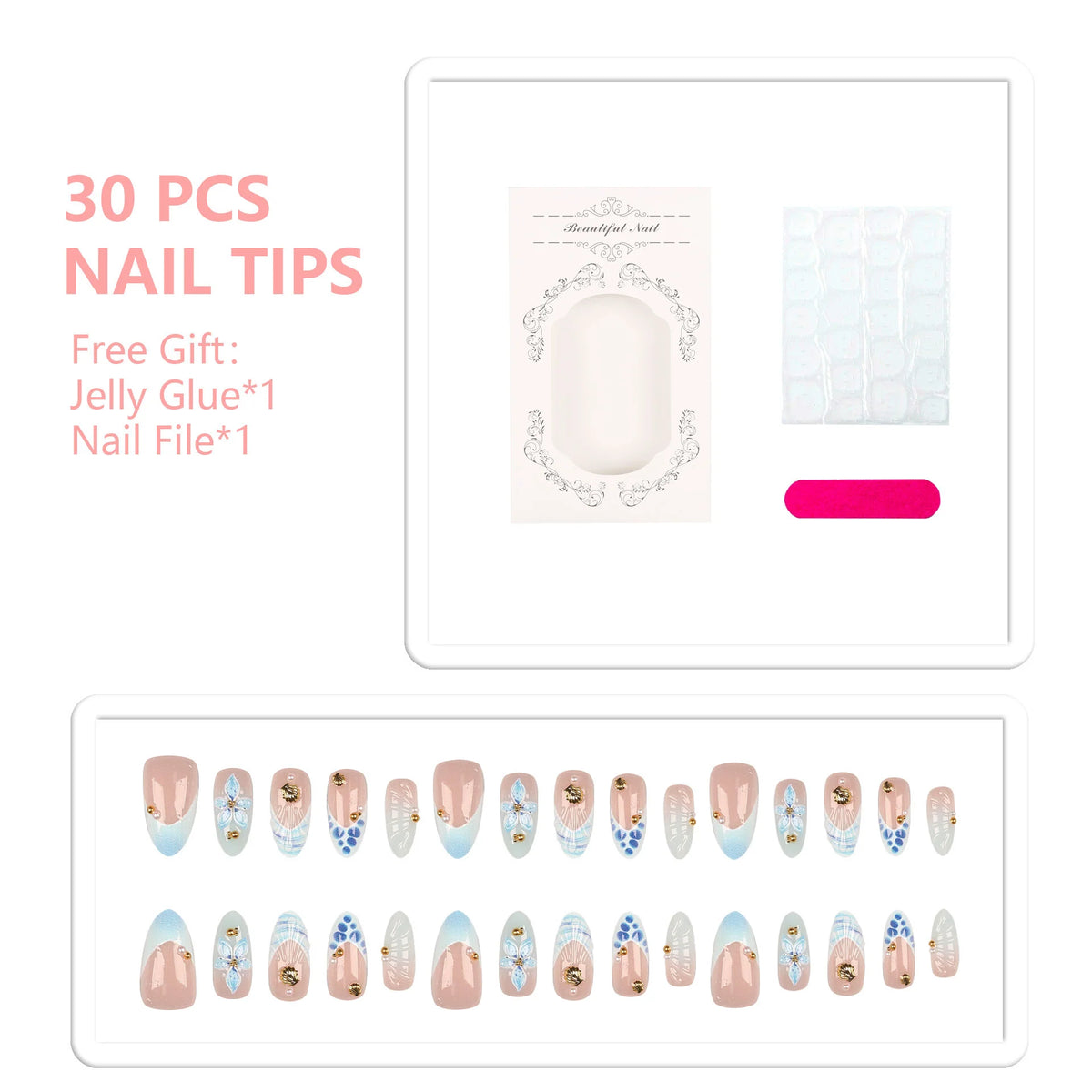 Press-On Nail Set Acrylic Floral & Shell Peel-And-Apply
