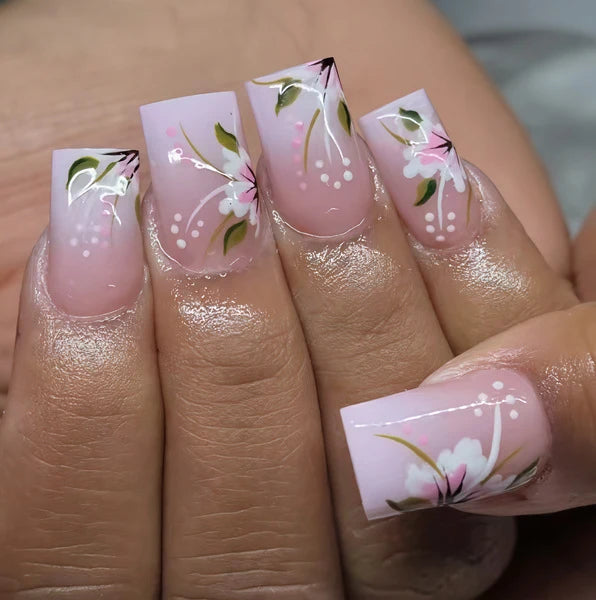 Press-On Nail Set Acrylic Hand-Painted Floral Set of 24