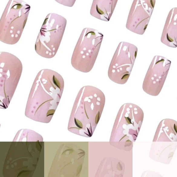 Press-On Nail Set Acrylic Hand-Painted Floral Set of 24