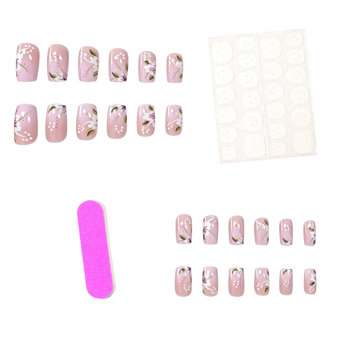 Press-On Nail Set Acrylic Hand-Painted Floral Set of 24