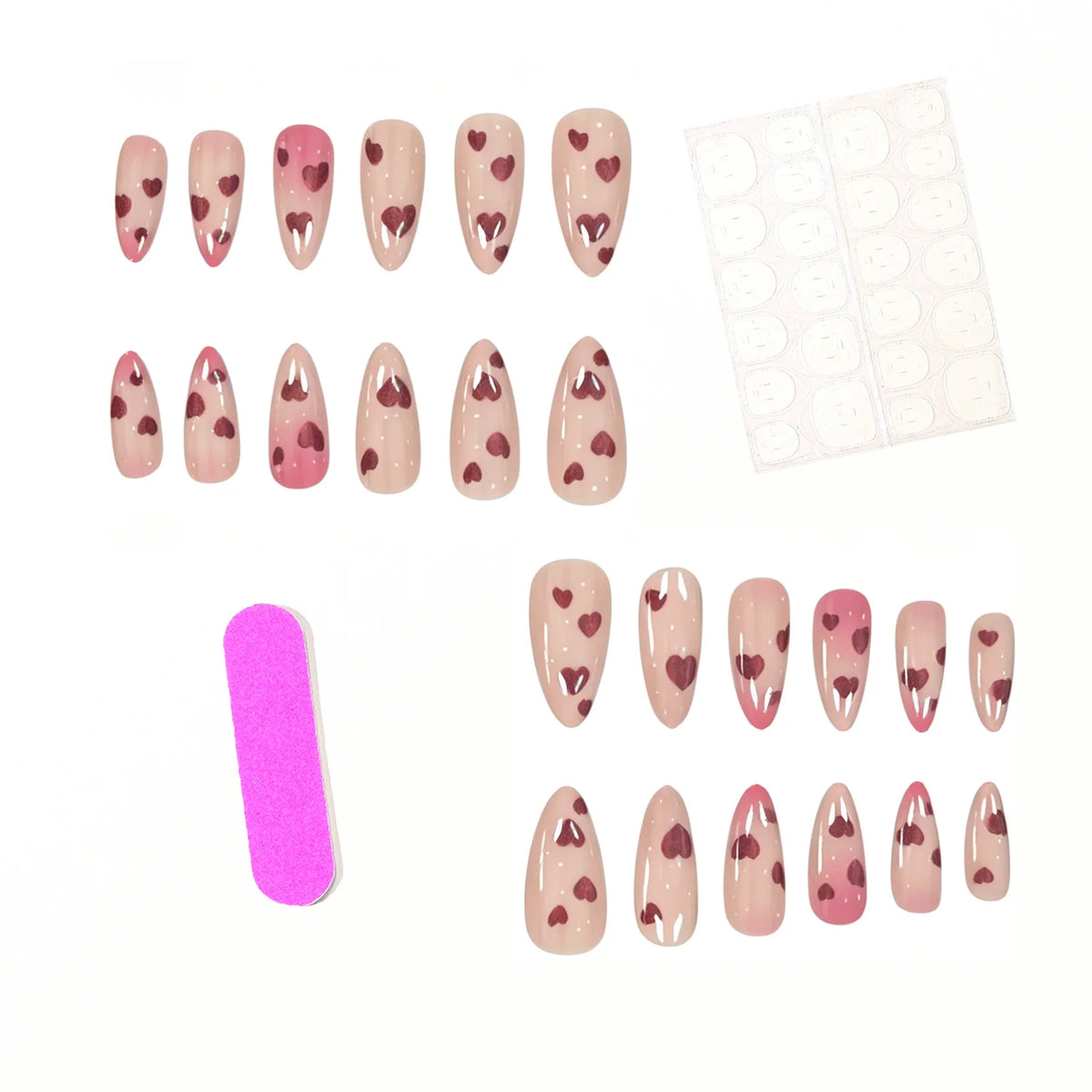Press-On Nail Set Acrylic Heart Pattern 24 Piece