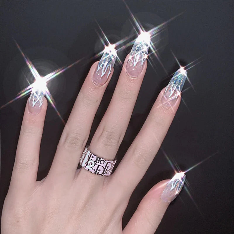Press-On Nail Set Acrylic Reusable Laser Silver Flame