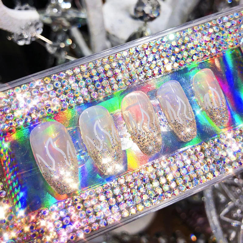 Press-On Nail Set Acrylic Reusable Laser Silver Flame
