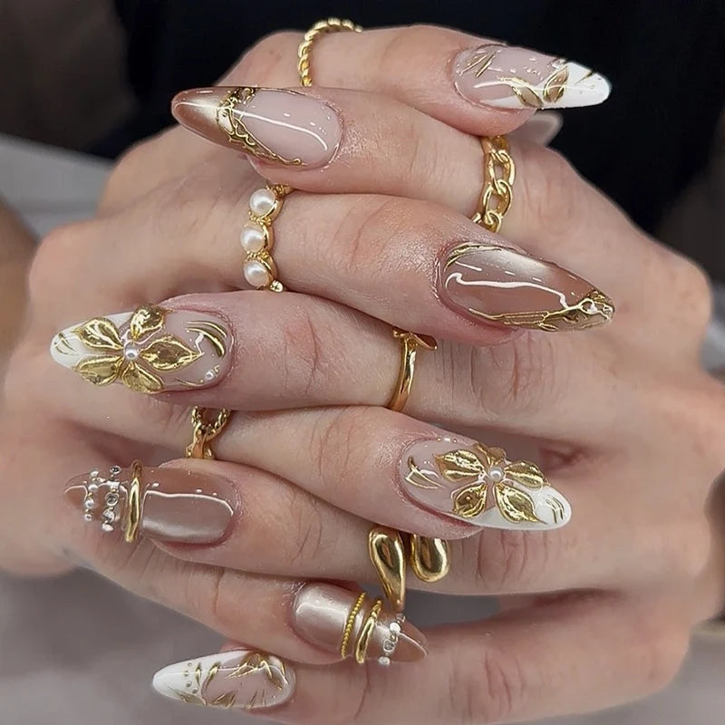 Press-On Nail Set Adhesive Floral Gold Accents