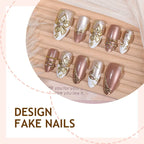 Press-On Nail Set Adhesive Floral Gold Accents