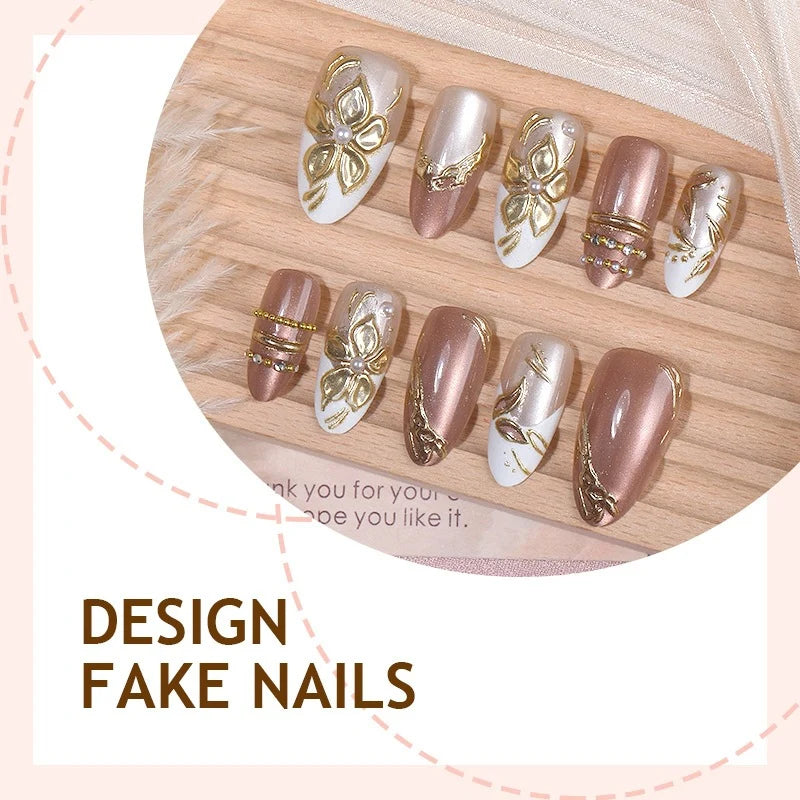 Press-On Nail Set Adhesive Floral Gold Accents