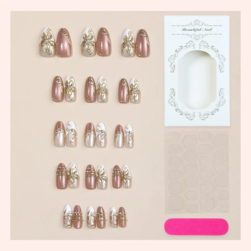 Press-On Nail Set Adhesive Floral Gold Accents