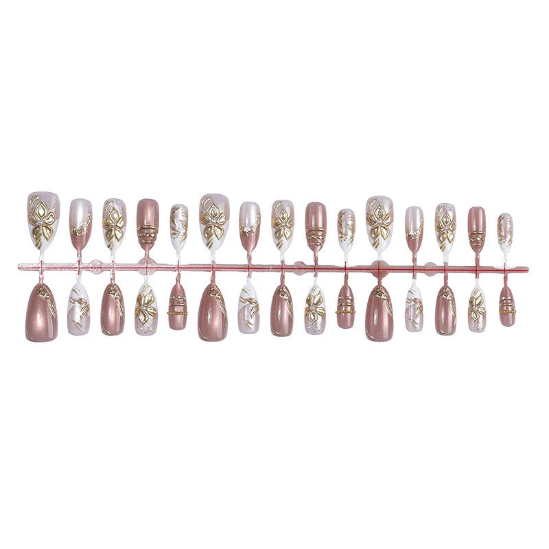 Press-On Nail Set Adhesive Floral Gold Accents
