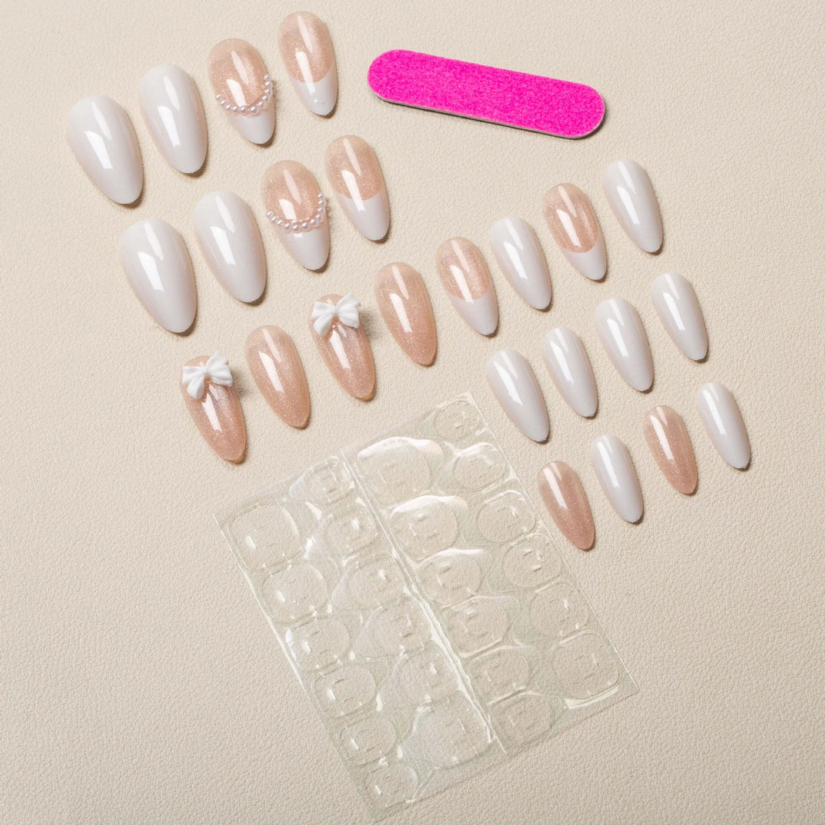 Press-On Nail Set Almond Shape Bow & Pearl Accents
