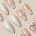 Press-On Nail Set Almond Shape Bow & Pearl Accents