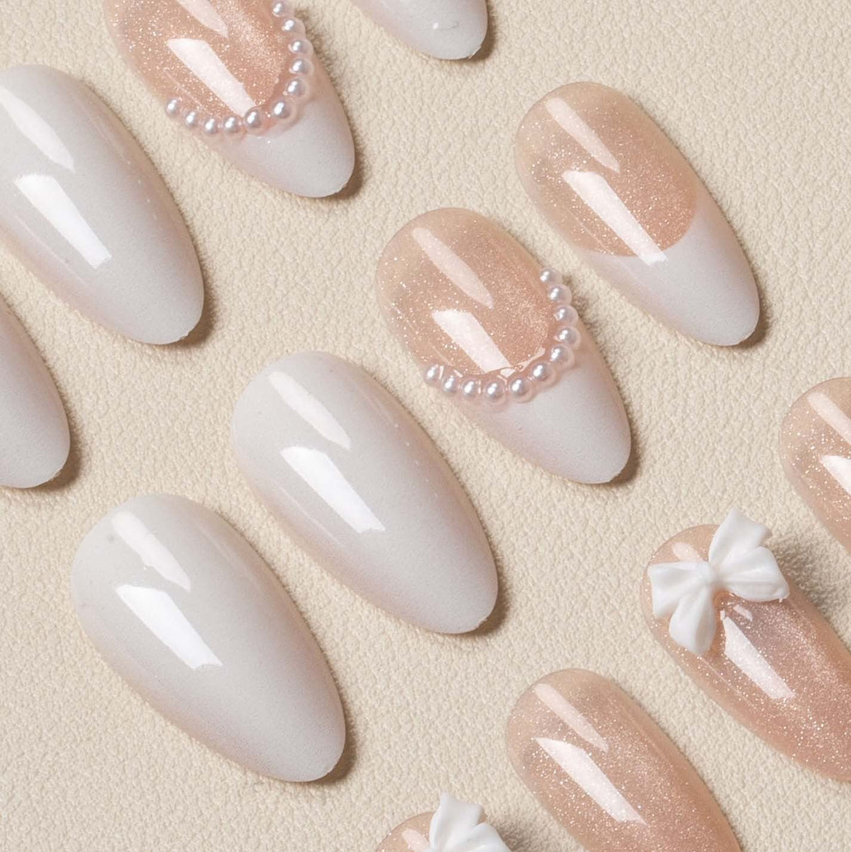 Press-On Nail Set Almond Shape Bow & Pearl Accents