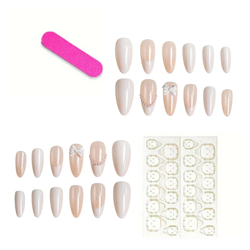 Press-On Nail Set Almond Shape Bow & Pearl Accents