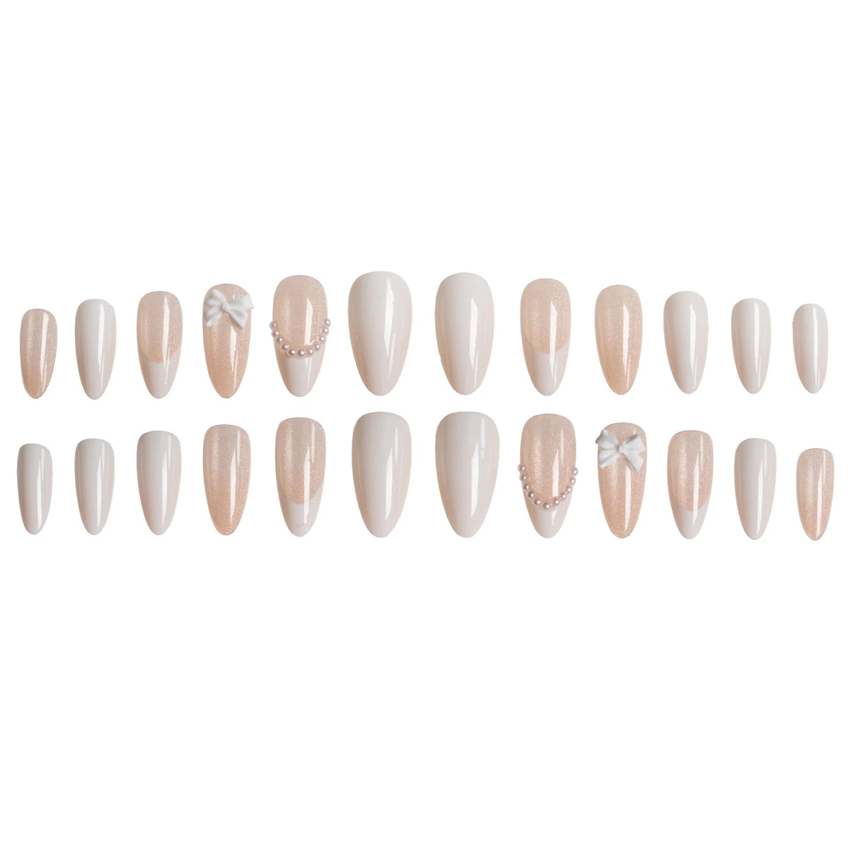 Press-On Nail Set Almond Shape Bow & Pearl Accents