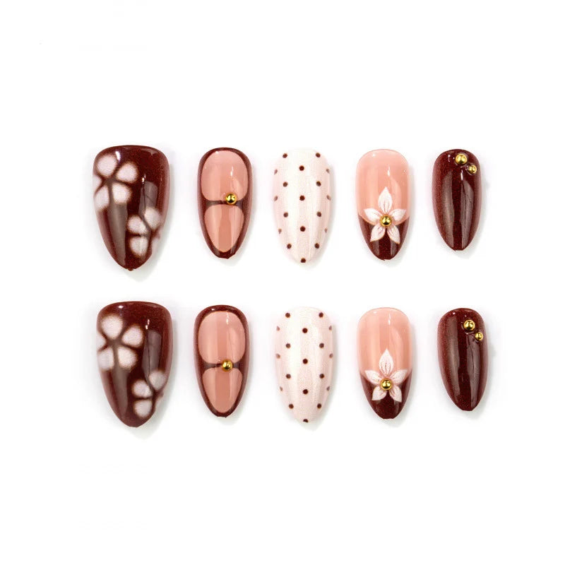 Press-On Nail Set Almond Shape Floral & Dot Accents