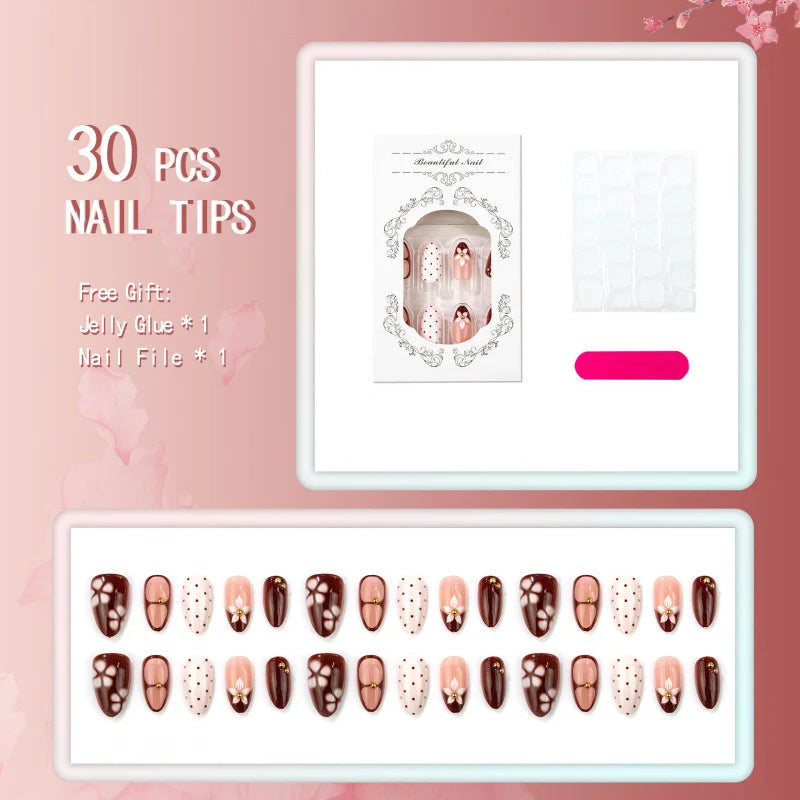 Press-On Nail Set Almond Shape Floral & Dot Accents