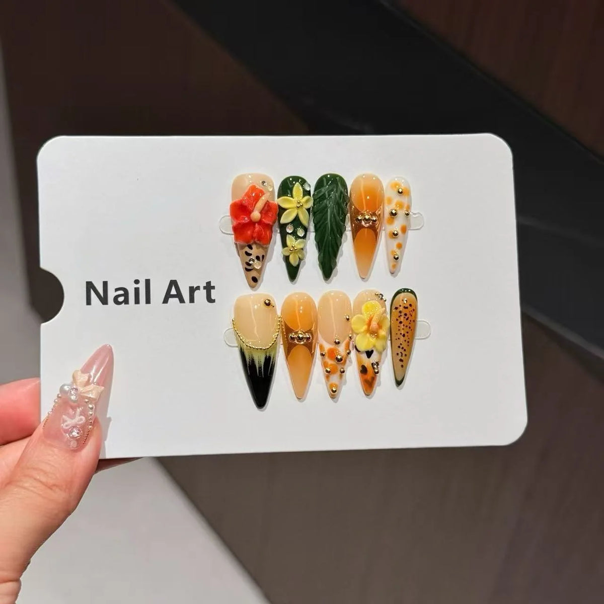 Press-On Nail Set Almond Shape Floral & Gem Accents