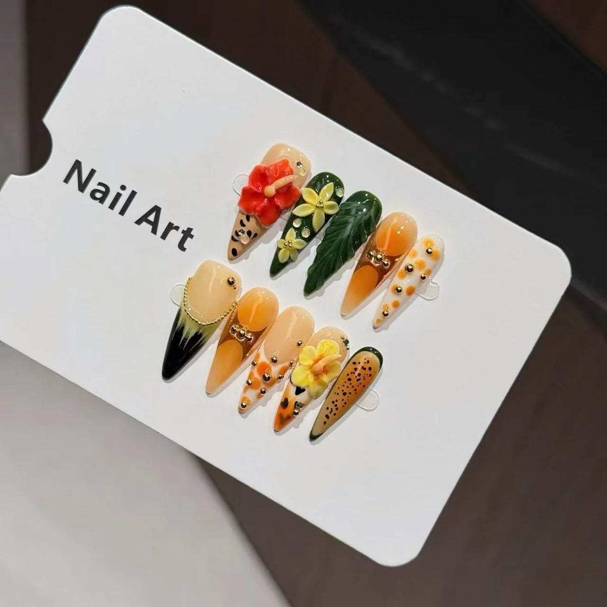Press-On Nail Set Almond Shape Floral & Gem Accents