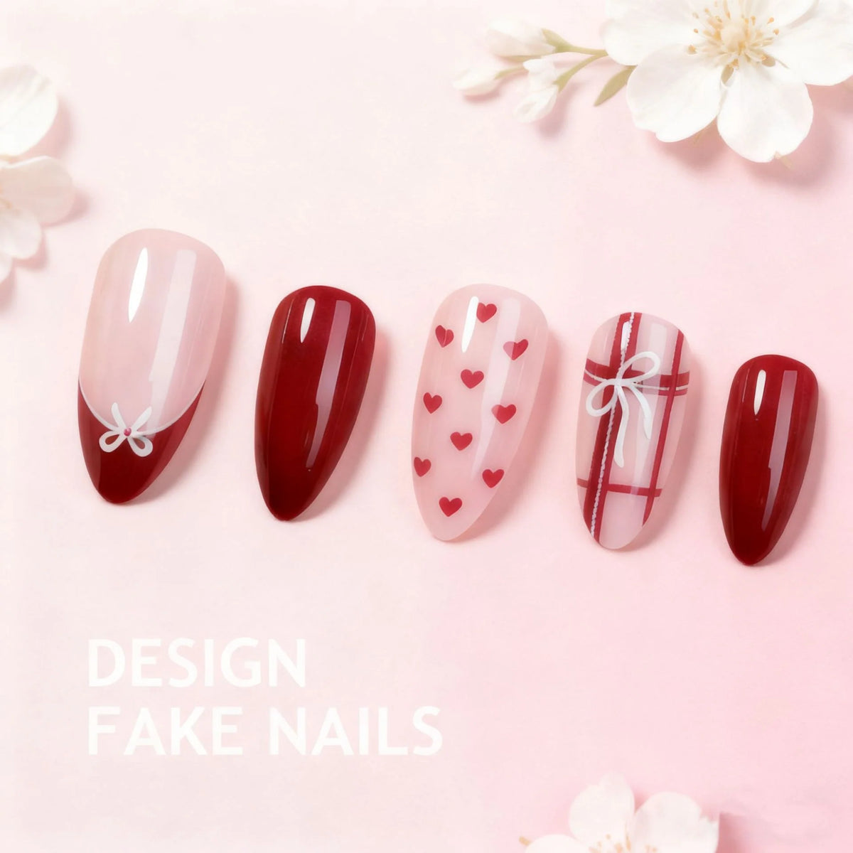 Press-On Nail Set Almond Shape Heart & Bow Long-Lasting