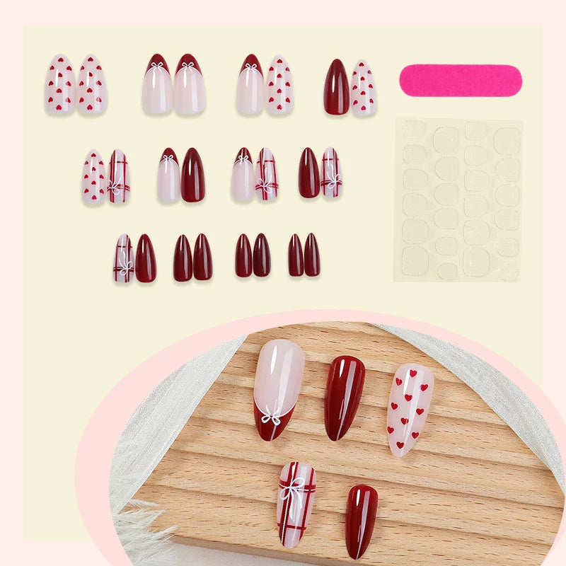 Press-On Nail Set Almond Shape Heart & Bow Long-Lasting
