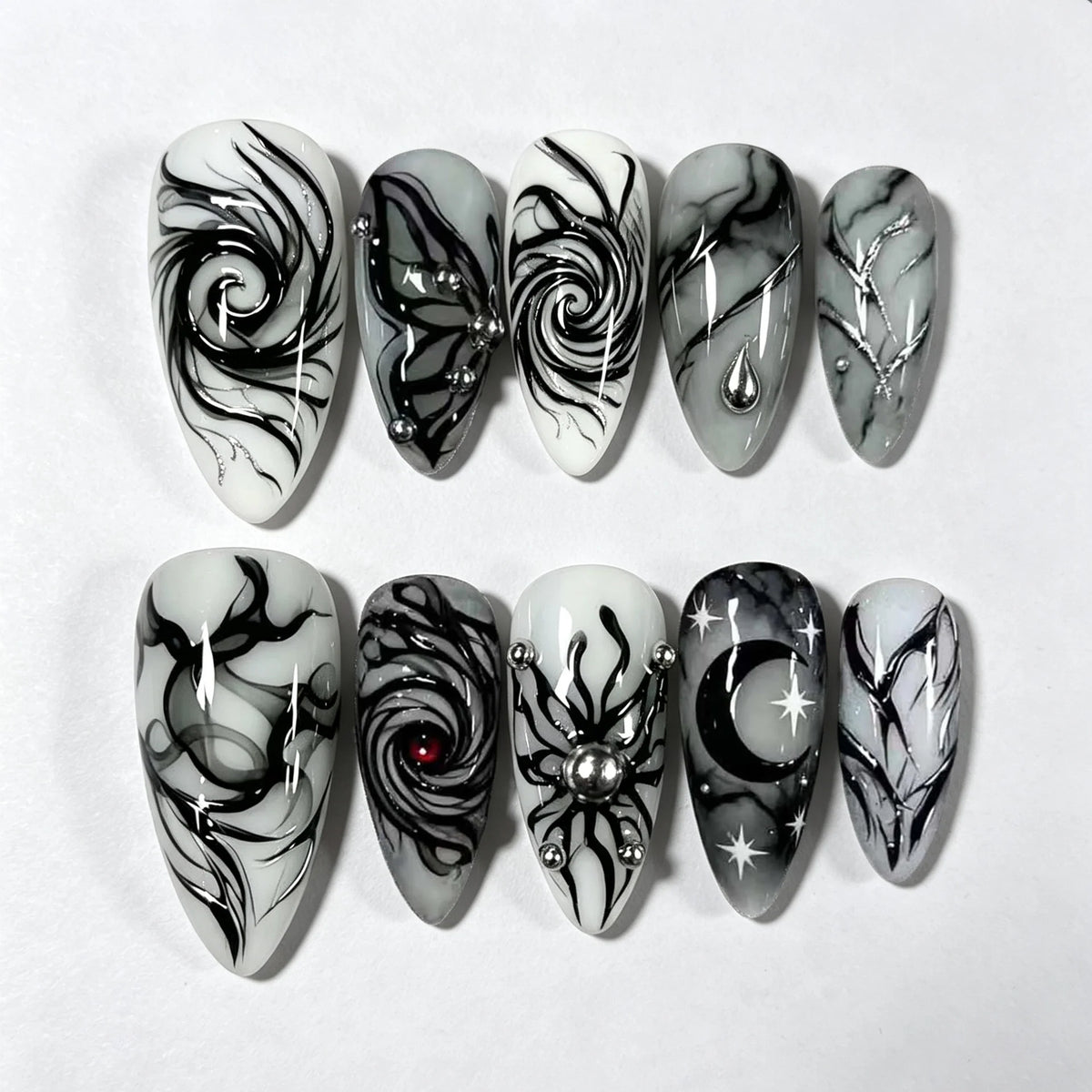 Press-On Nail Set Artistic Black & Grey Reusable