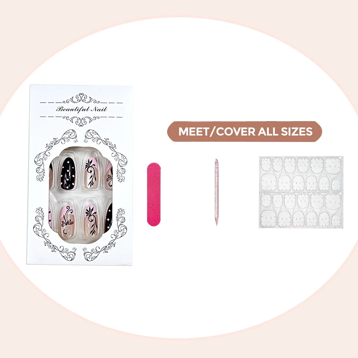Press-On Nail Set Artistic Designs All Sizes & Tools Included