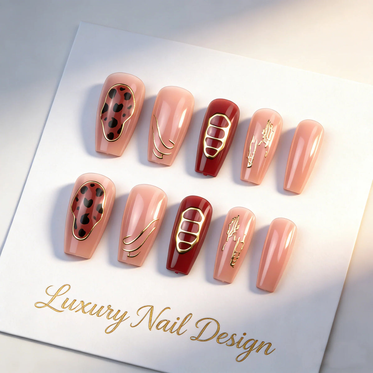Press-On Nail Set Artistic Designs Metallic Accents