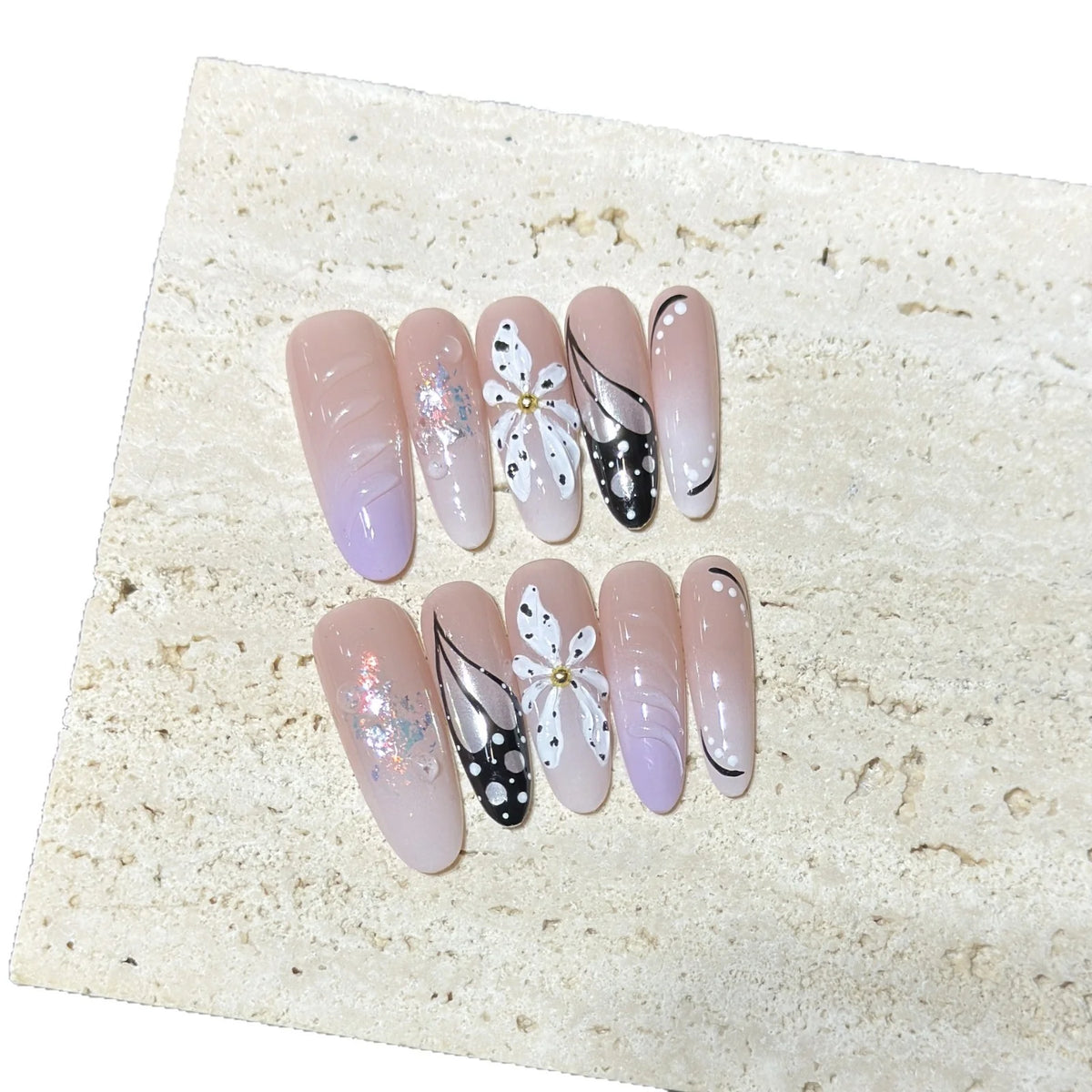 Press-On Nail Set Artistic Floral Long Oval