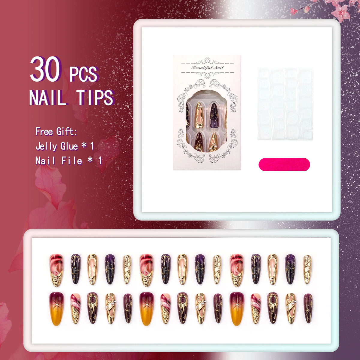 Press-On Nail Set Artistic Metallic Accents
