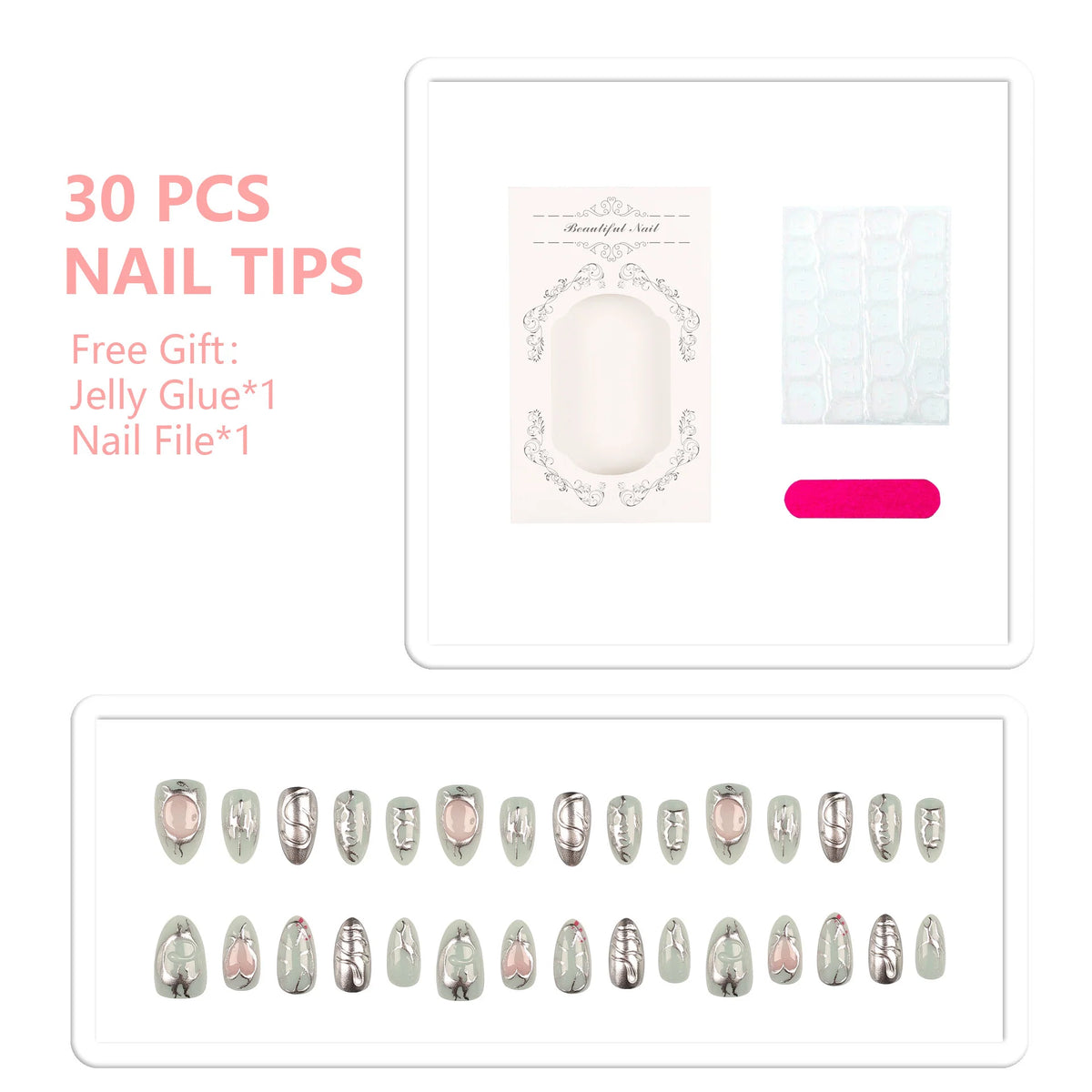 Press-On Nail Set Artistic Metallic Reusable