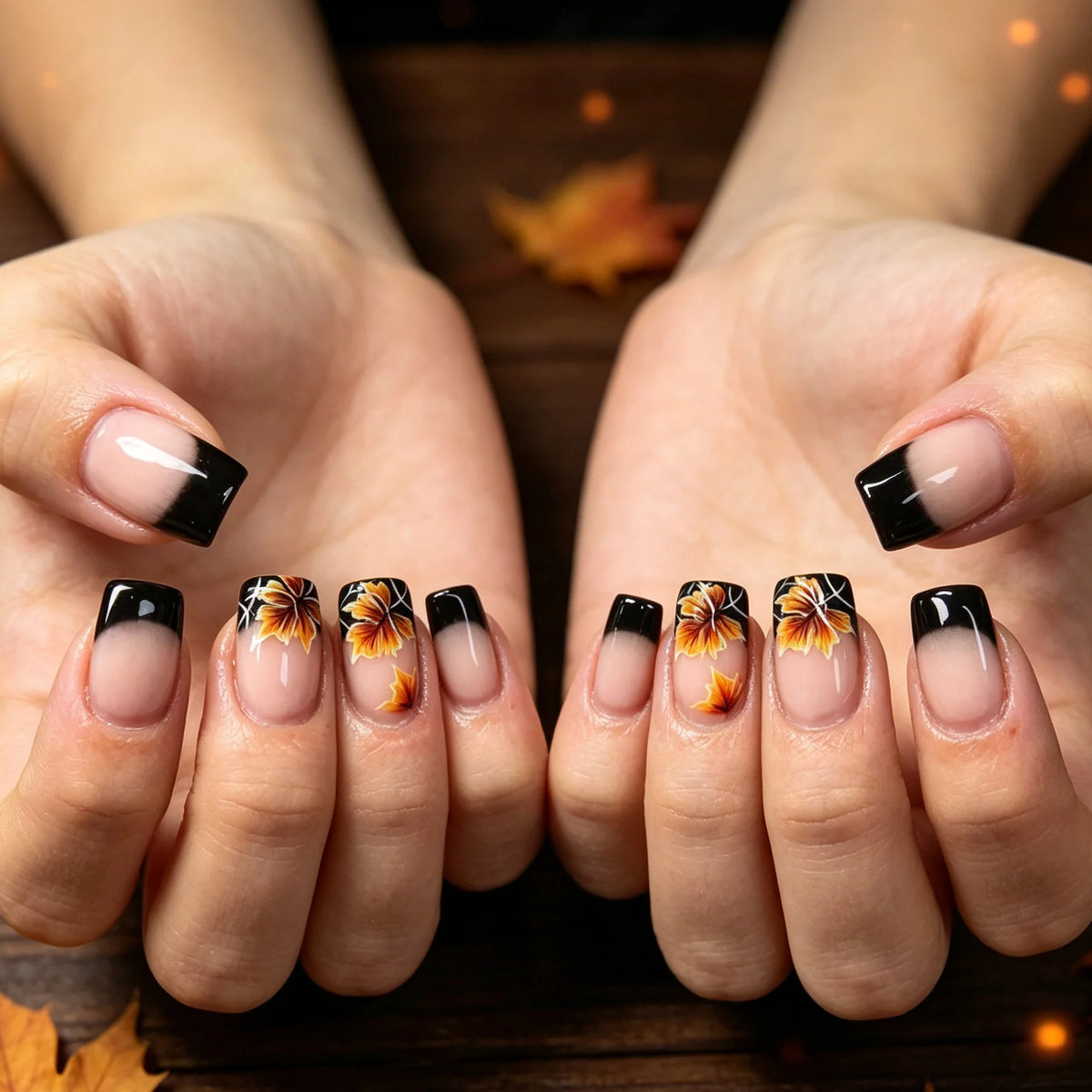 Press-On Nail Set Autumn Floral Easy Application 24 Pieces