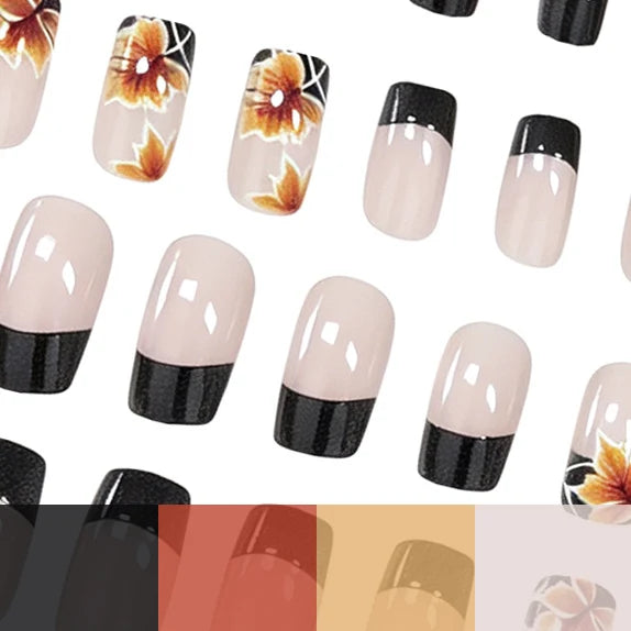 Press-On Nail Set Autumn Floral Easy Application 24 Pieces