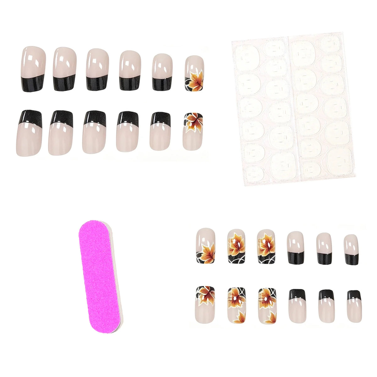 Press-On Nail Set Autumn Floral Easy Application 24 Pieces