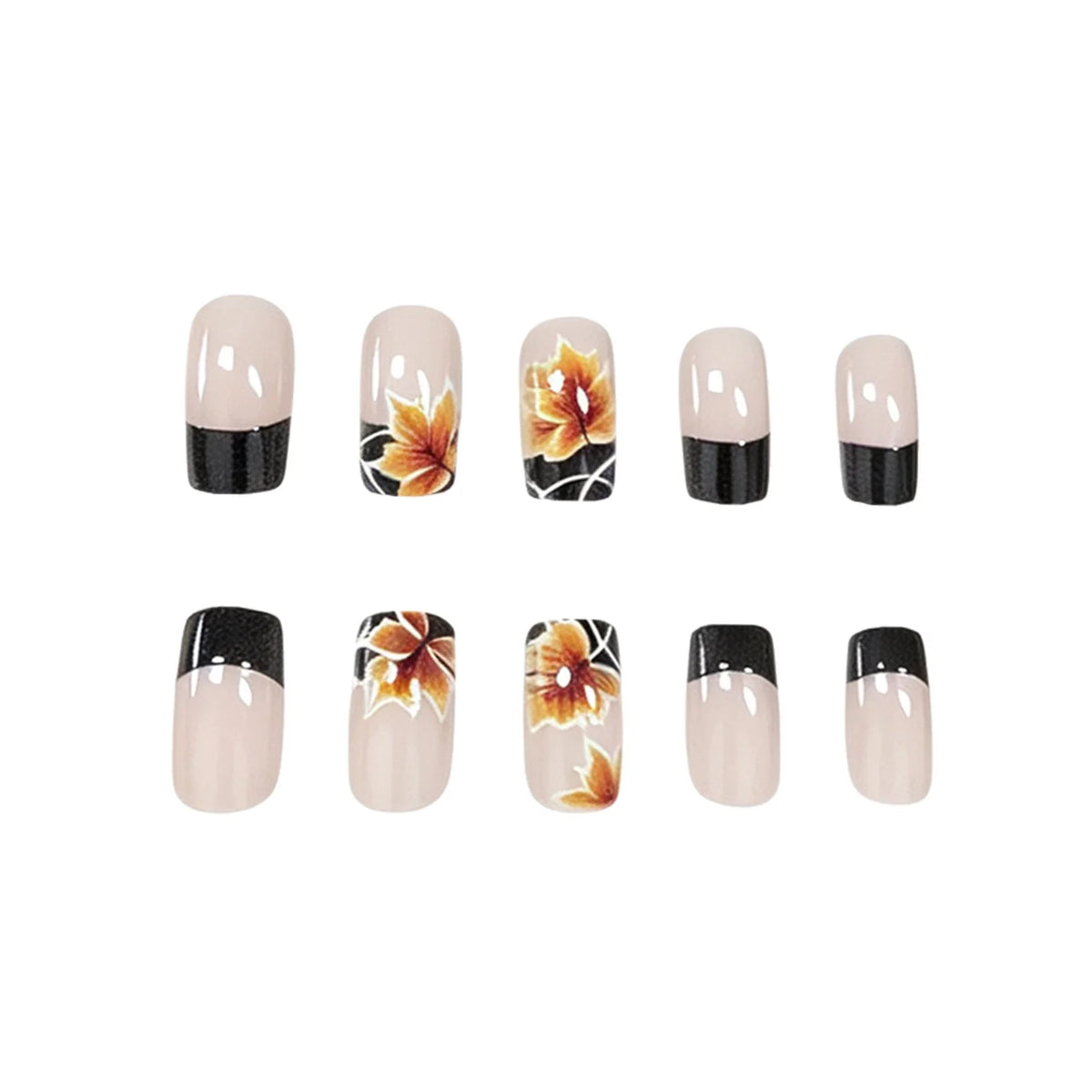 Press-On Nail Set Autumn Floral Easy Application 24 Pieces