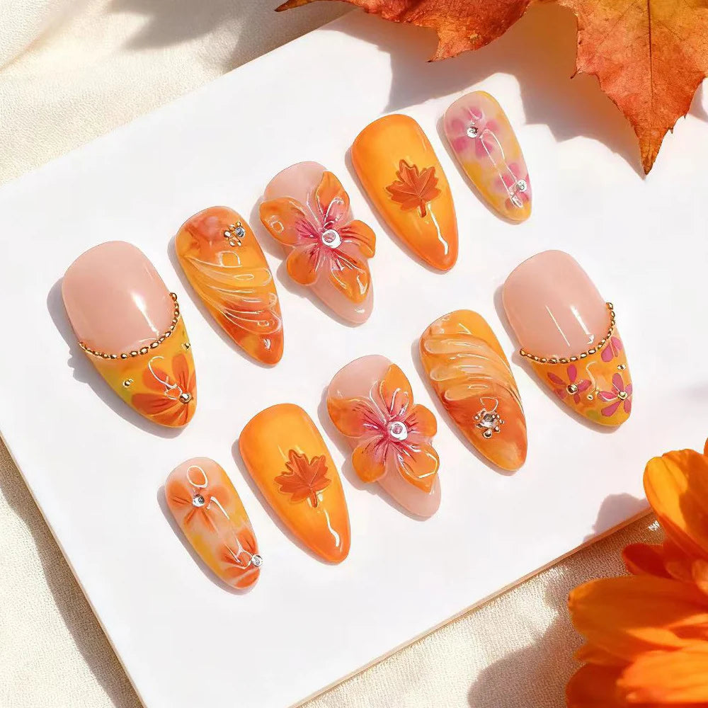 Press-On Nail Set Autumn Floral Easy Application & Long-Lasting